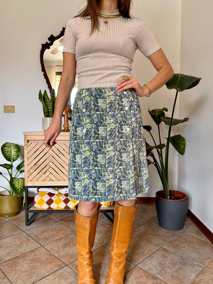 1970’s vintage turquoise, lilac and green geometric print silk midi skirt