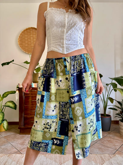 1990’s vintage navy, blue and green textured floral patchwork print midi skirt