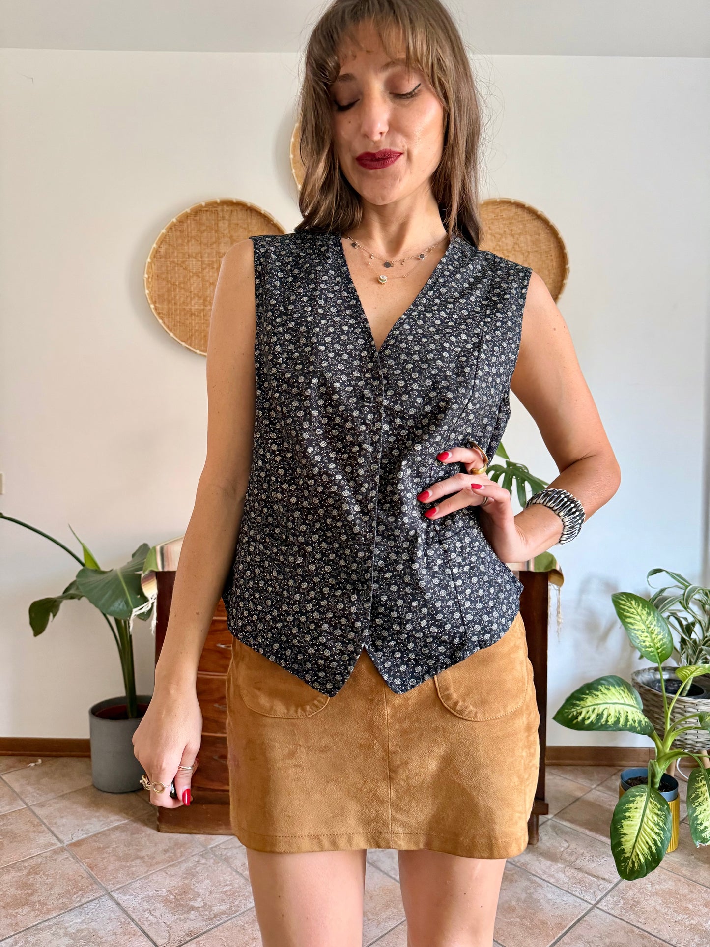 1970’s vintage black cotton vest with white floral print