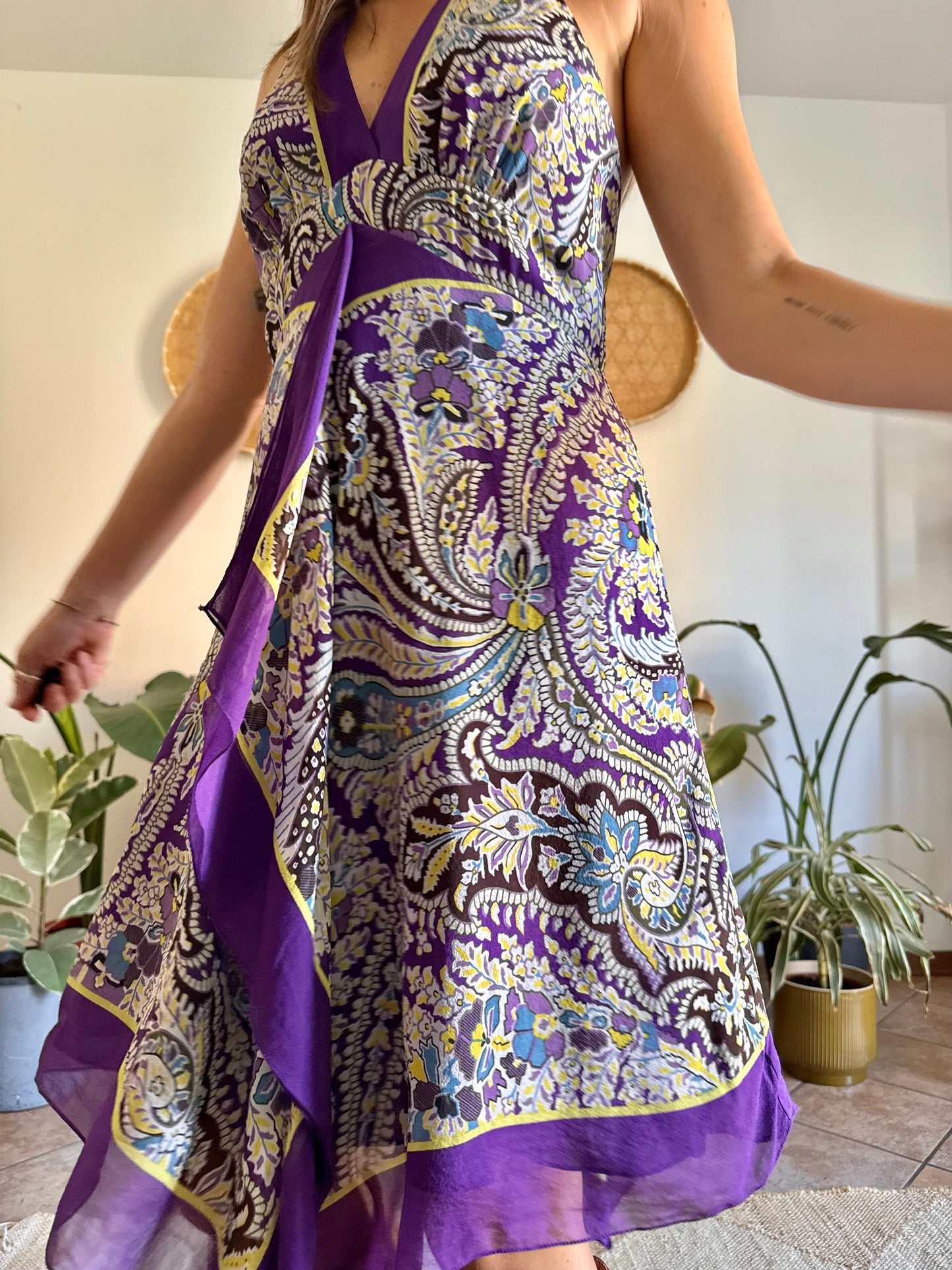Y2k vintage purple and yellow floral silk halter top midi dress