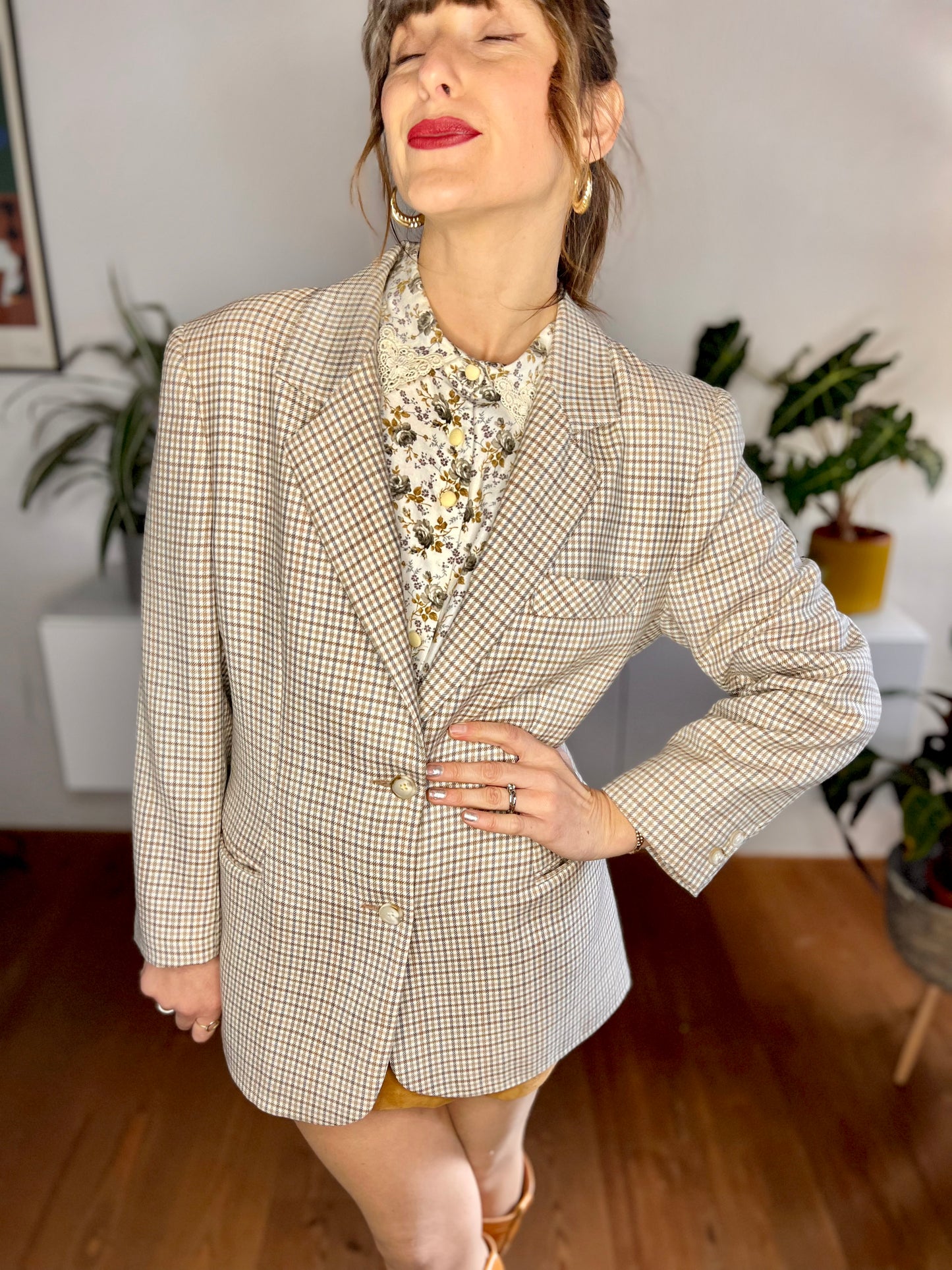 1970's vintage cream, blue and tan oversize plaid wool blazer