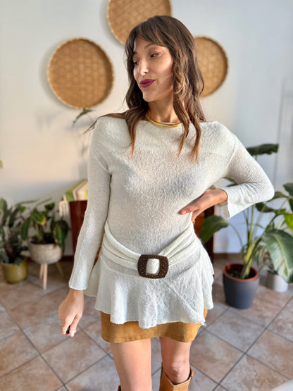 Y2K vintage asymmetrical cream mohair blend knit pullover with belt detail