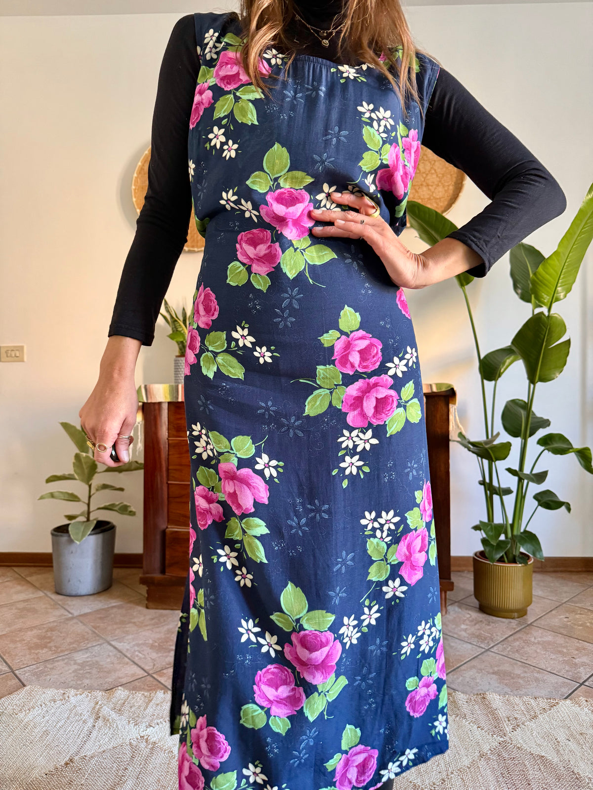 1990’s vintage navy blue and pink floral maxi dress