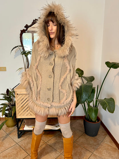 1970's vintage beige knit mohair poncho with fur trimming