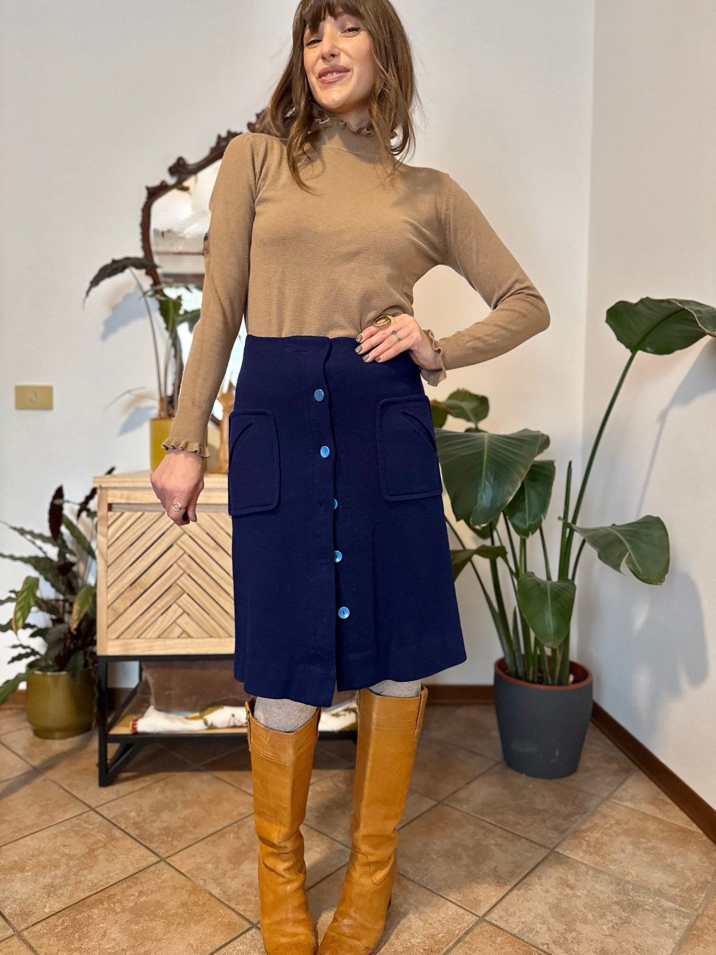 1960's blue knit wool midi skirt with light blue button details