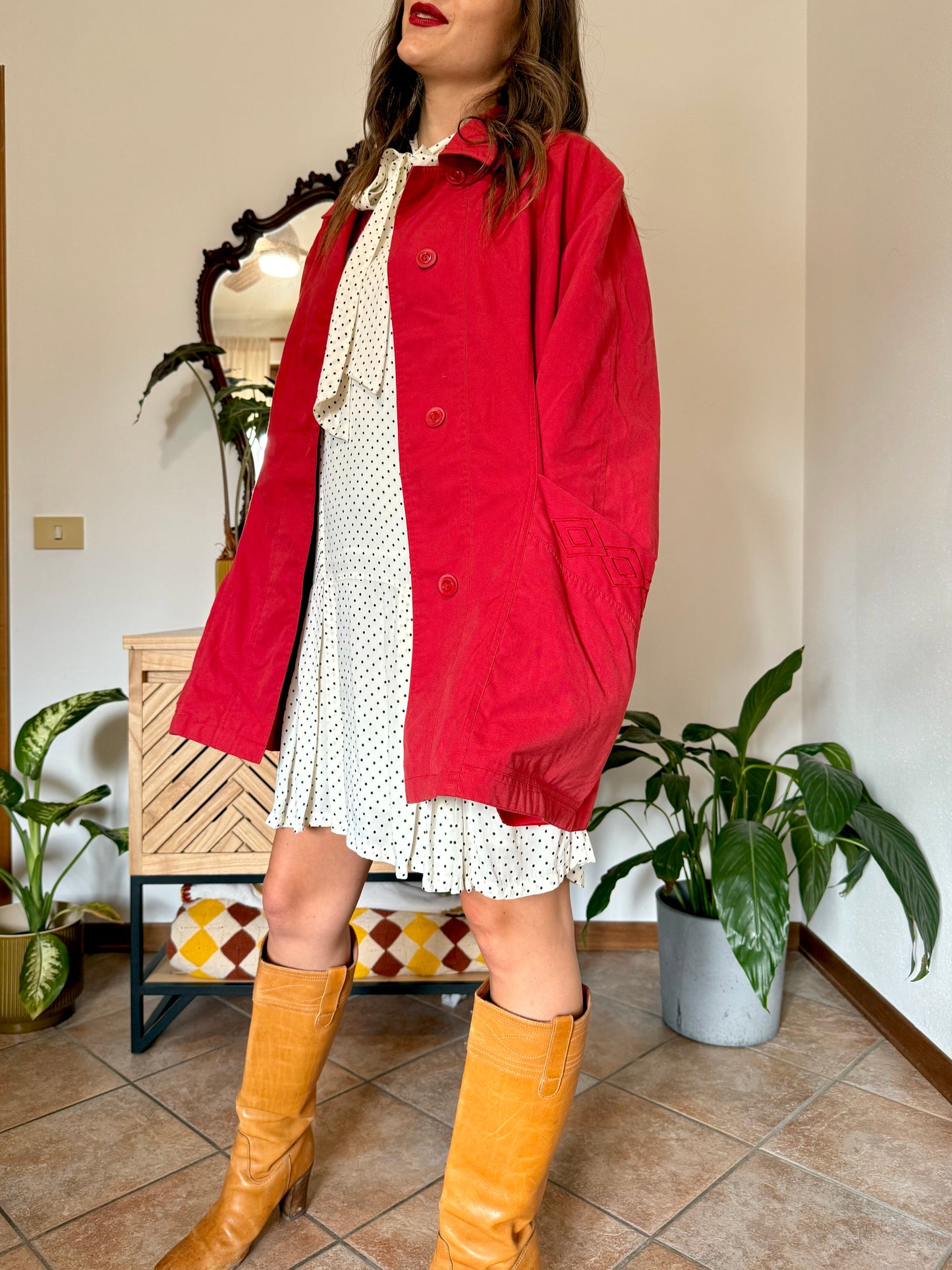 1990’s vintage cherry red chore coat with diamond embroidered detailing