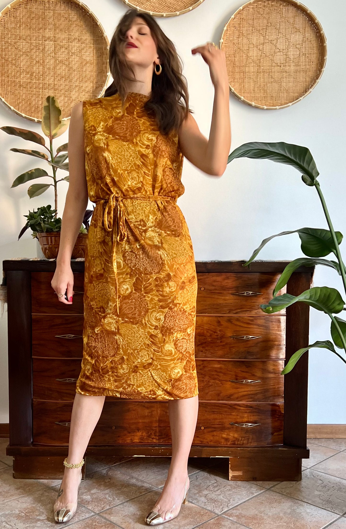 1960's vintage tan and mustard yellow floral print midi dress with cowl back