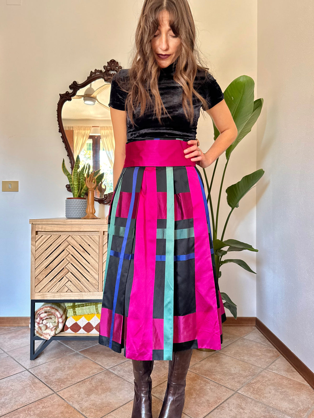 1970’s vintage black, fuchsia,green and blue plaid satin midi skirt