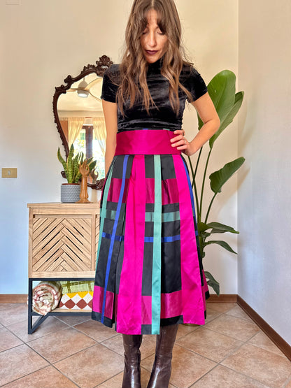 1970’s vintage black, fuchsia,green and blue plaid satin midi skirt