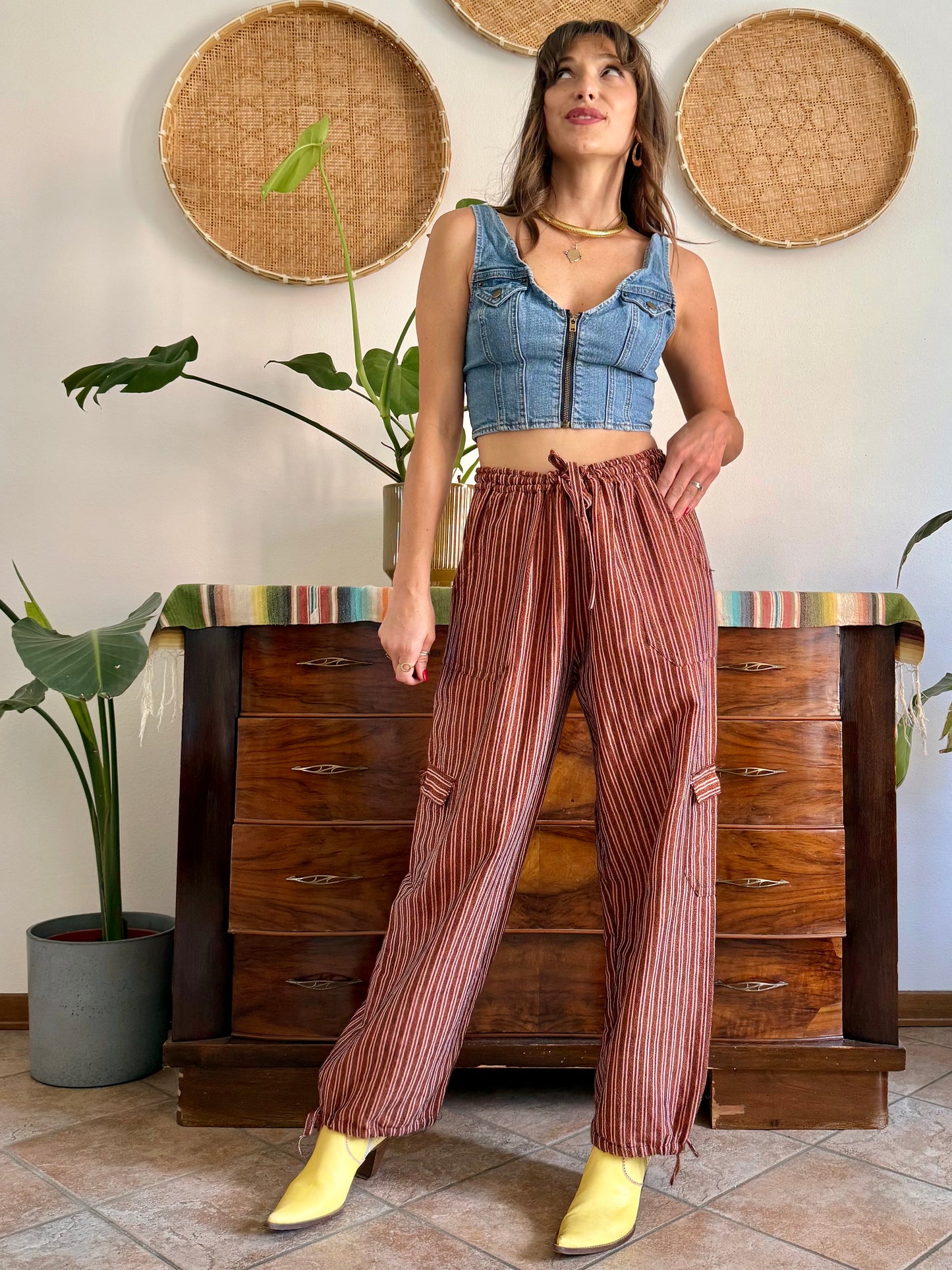 1990’s vintage chocolate brown and pink stripe woven wide leg trousers