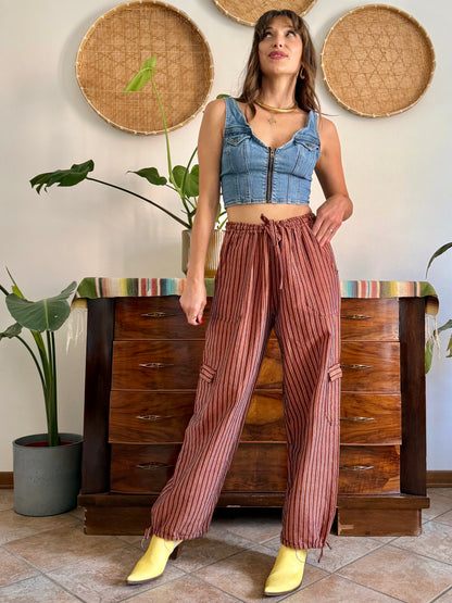1990’s vintage chocolate brown and pink stripe woven wide leg trousers