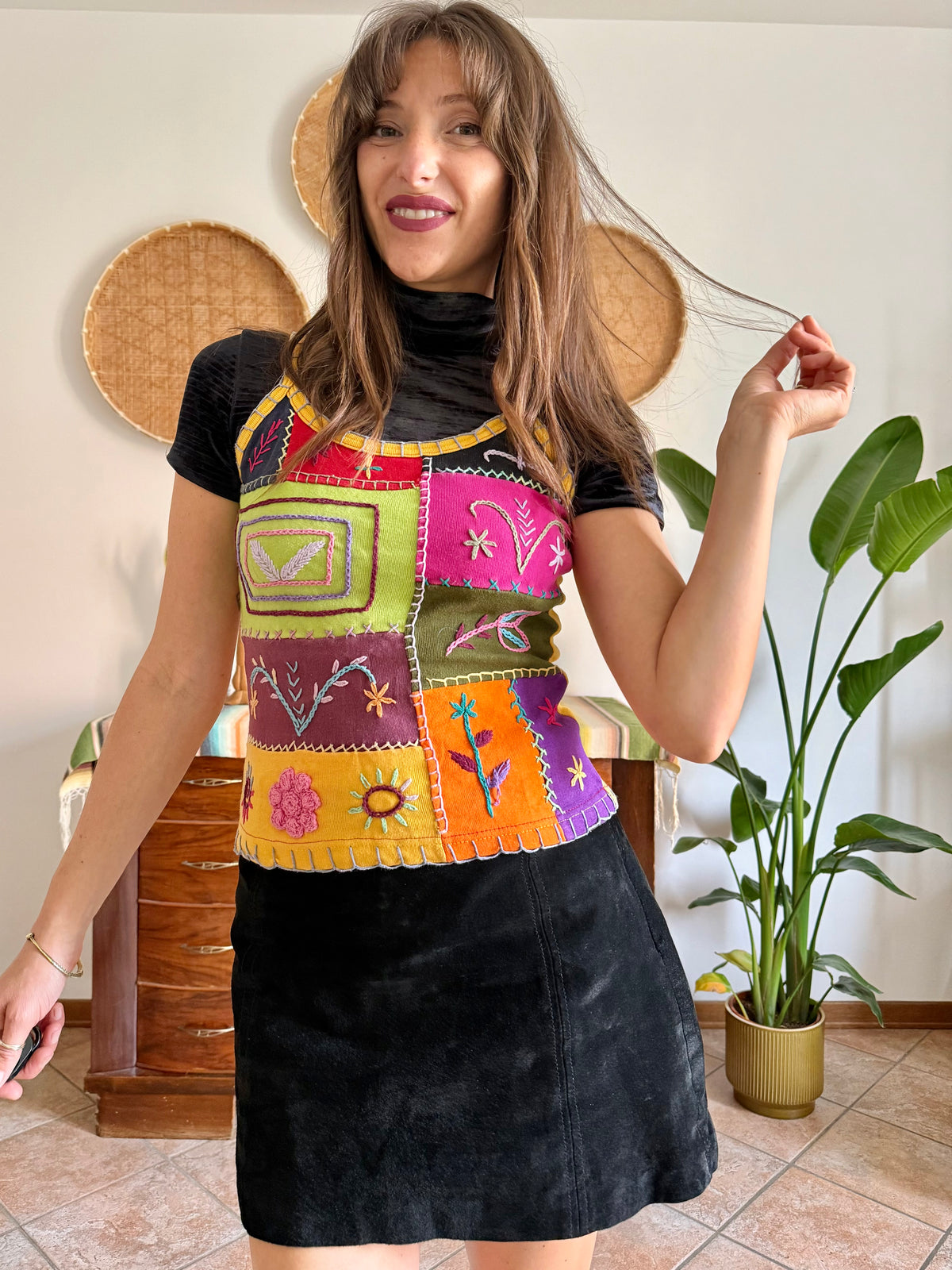 1990’s vintage multicolour patches or embroidered spaghetti strap top