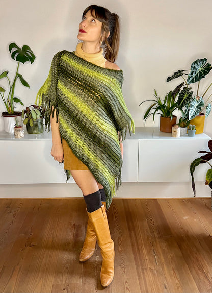 1970's vintage wool multitonal green stripe knit poncho with fringe details