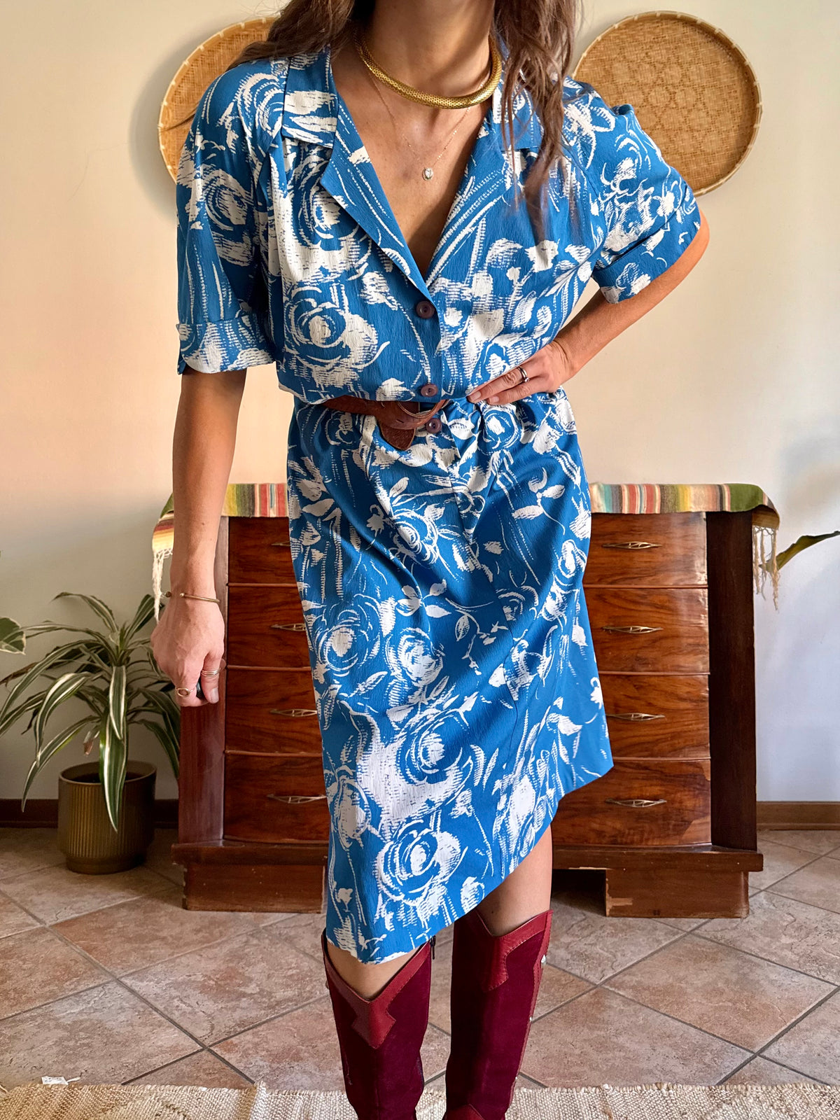 1960's vintage blue and cream floral silk midi dress