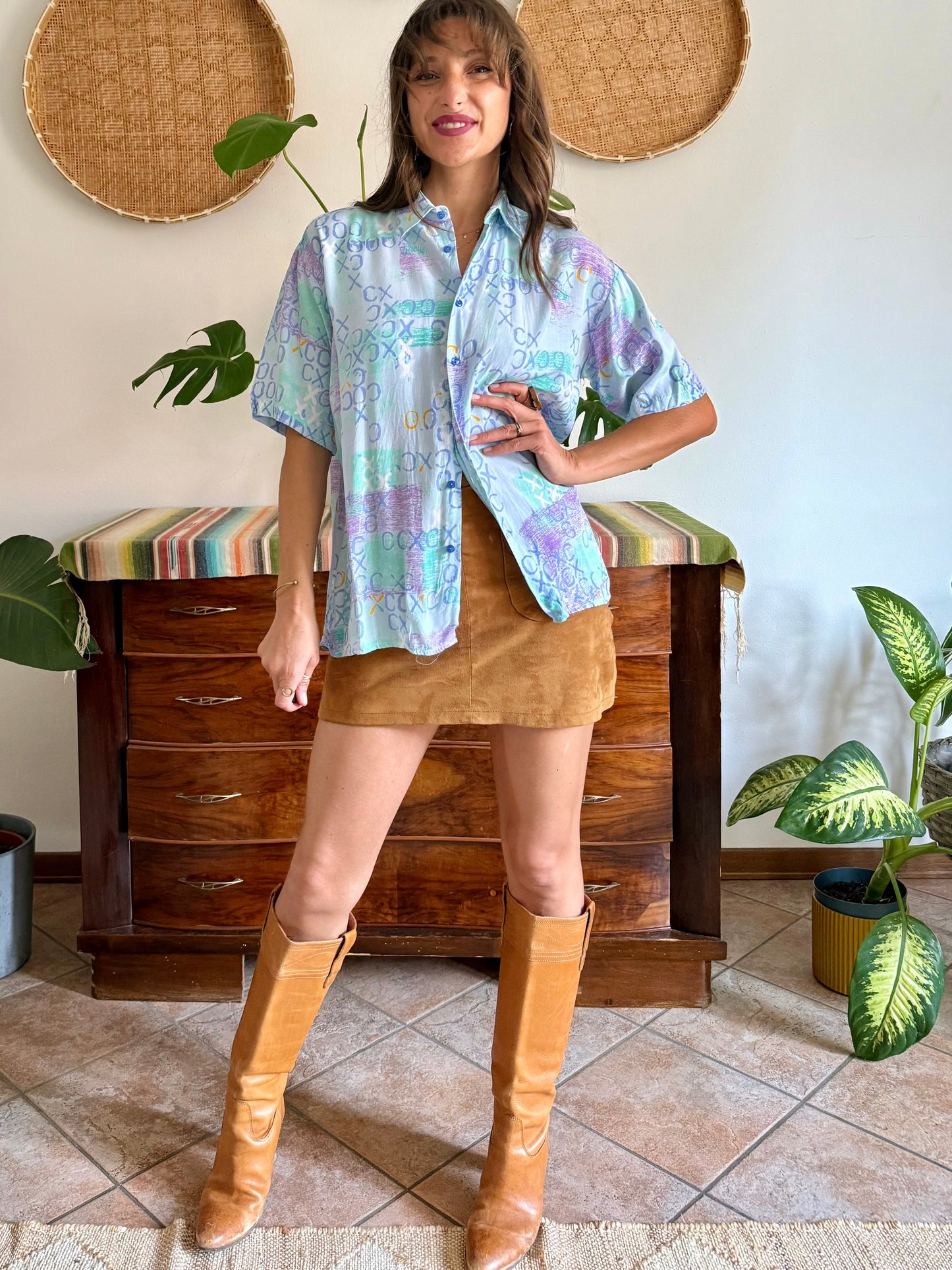 1990’s vintage lilac, turquoise and light blue geometric print blouse