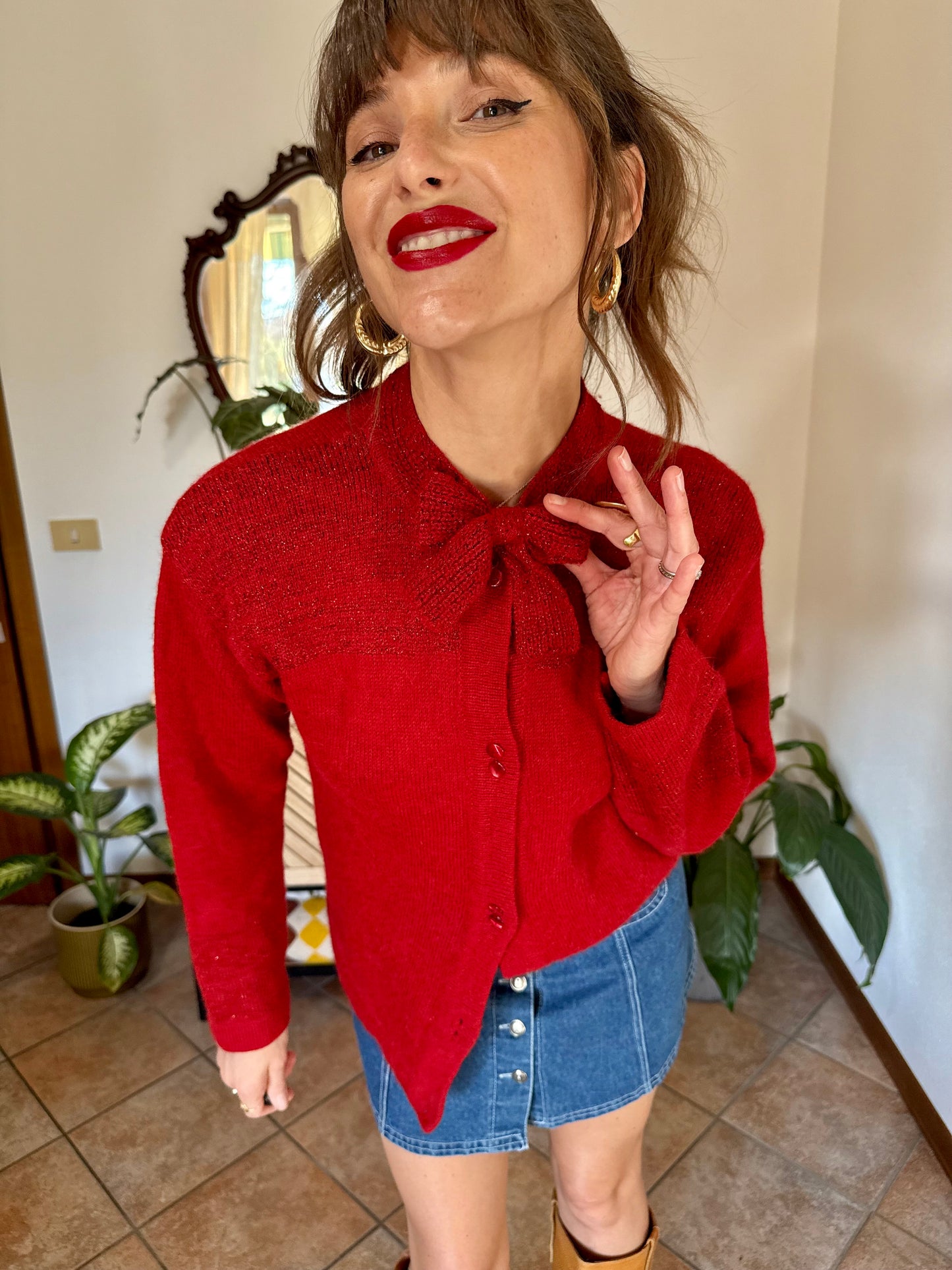 1960’s vintage cherry red hand knit wool cardigan with bow detail