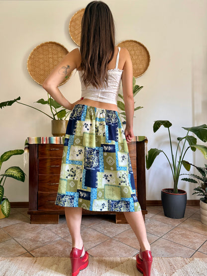 1990’s vintage navy, blue and green textured floral patchwork print midi skirt