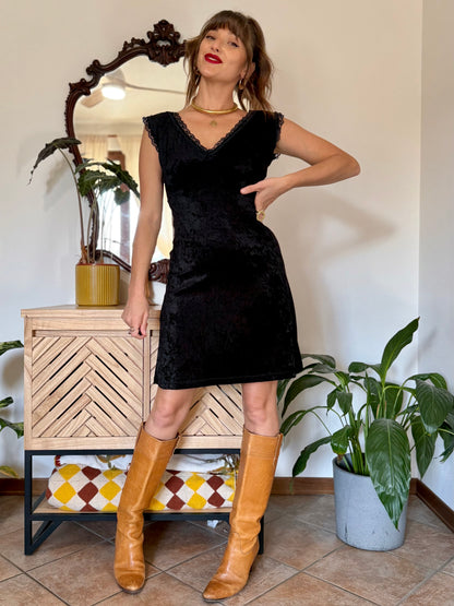 1990’s black velvet midi dress with lace trim