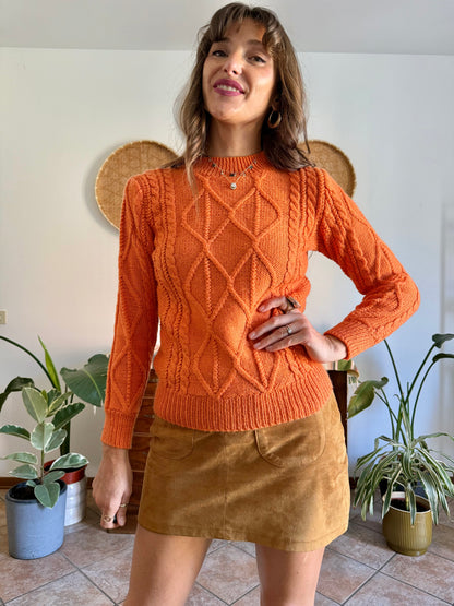 1970's vintage orange wool mock neck cable knit pullover