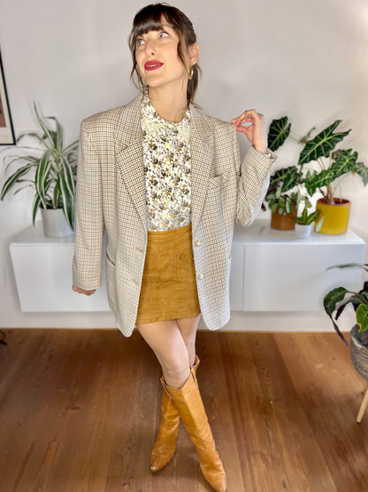 1970's vintage cream, blue and tan oversize plaid wool blazer