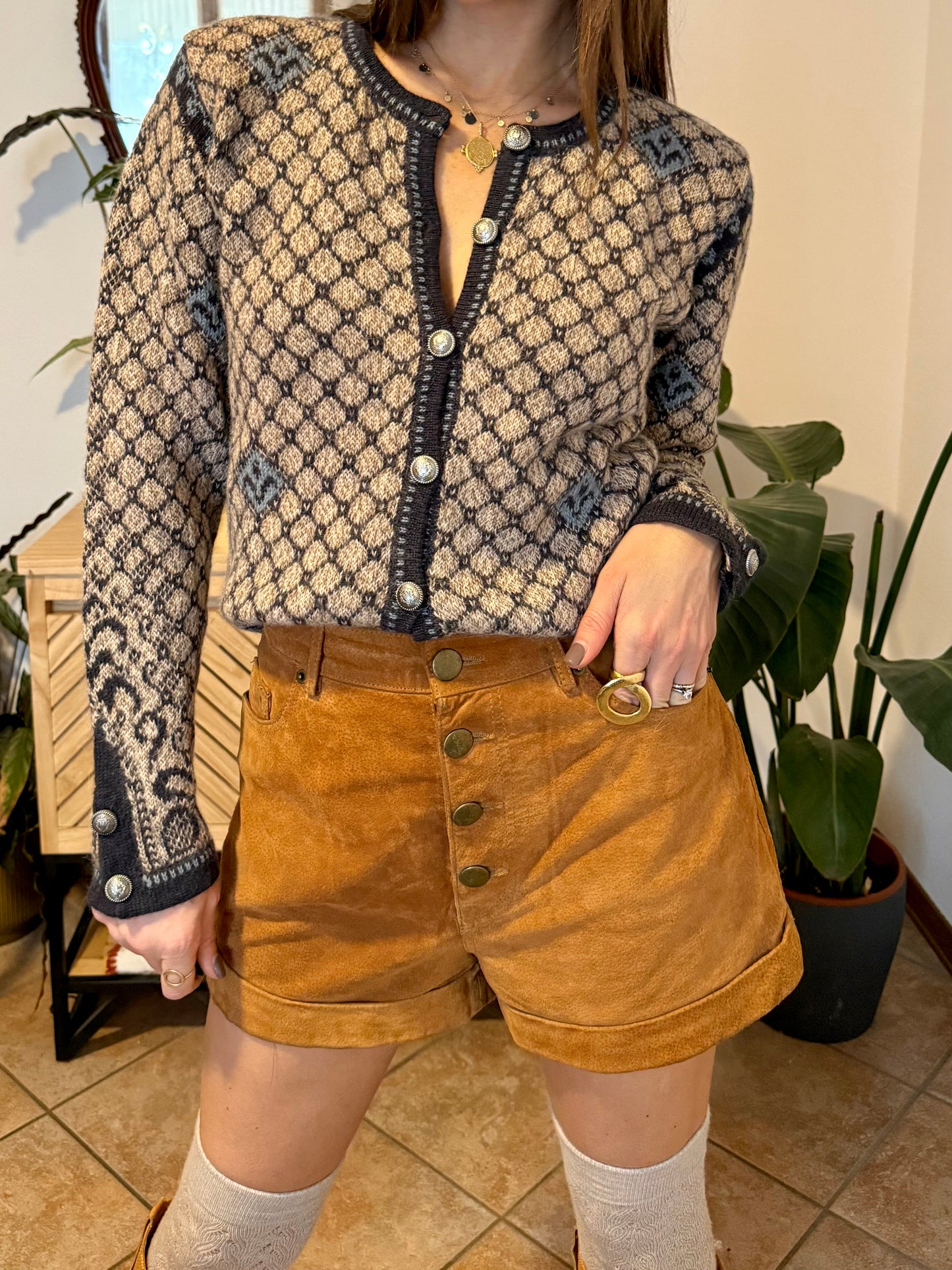 1990's vintage grey and beige alpaca knit cardigan with turquoise geometric pattern