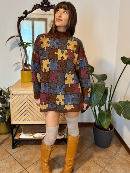 1970's vintage chocolate brown, yellow, blue and burgundy puzzle pattern knit wool pullover