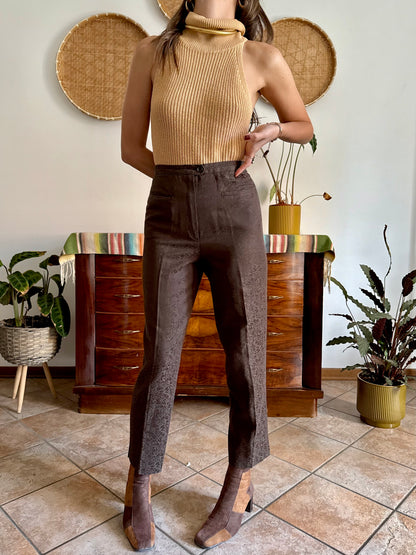1970's vintage chocolate brown floral print tailored trousers