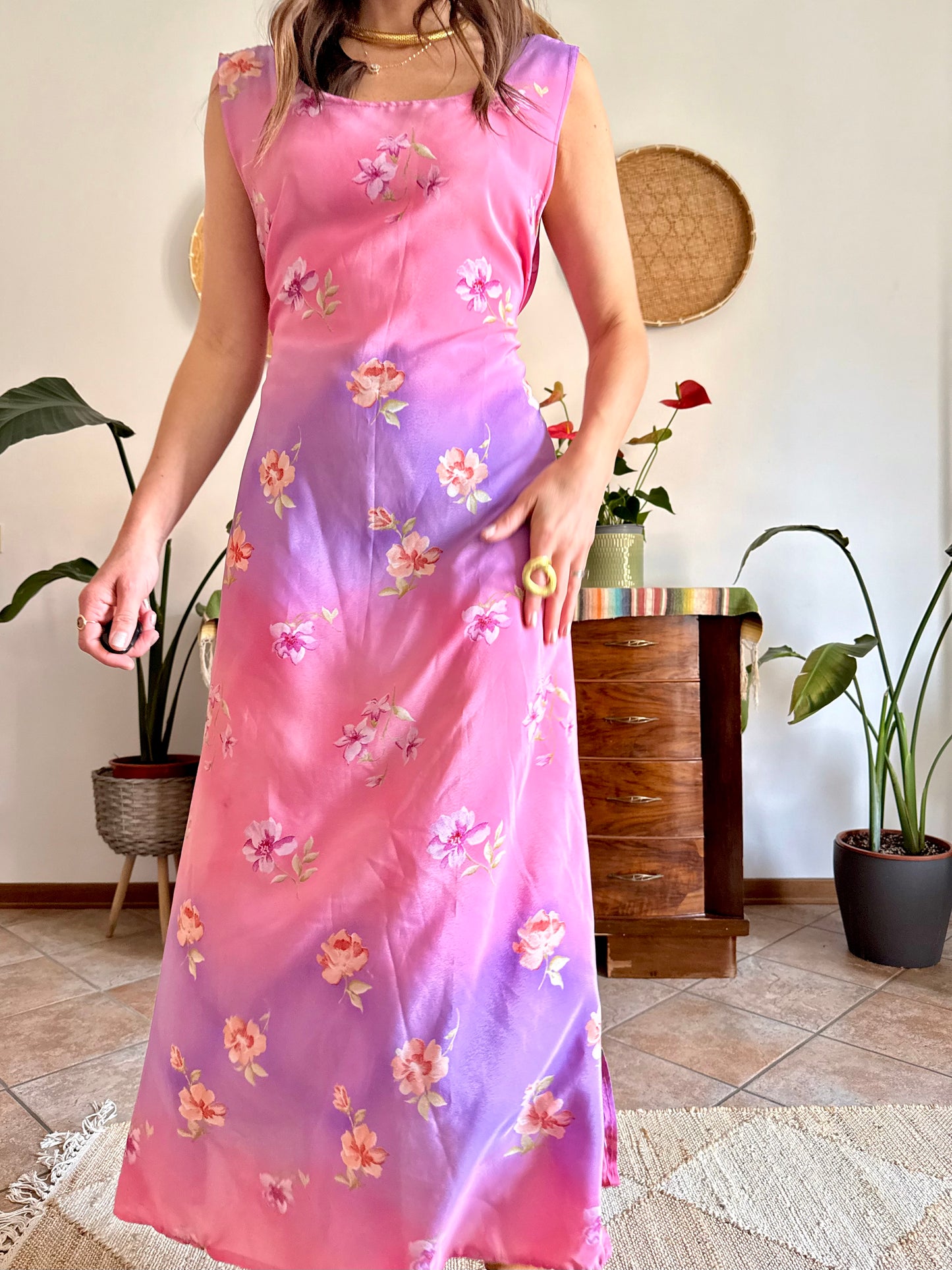 Y2K vintage lilac and pink semi sheer floral maxi dress