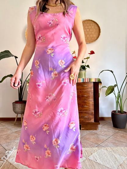 Y2K vintage lilac and pink semi sheer floral maxi dress