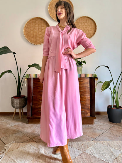 1970’s vintage pink maxi dress with bow tie collar