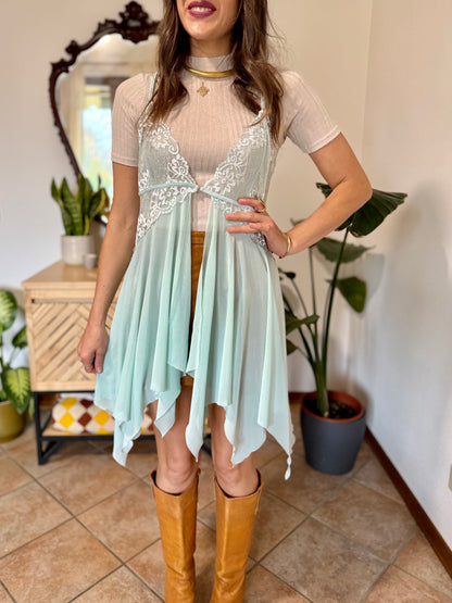 Y2K vintage asymmetrical light turquoise and lace slip
