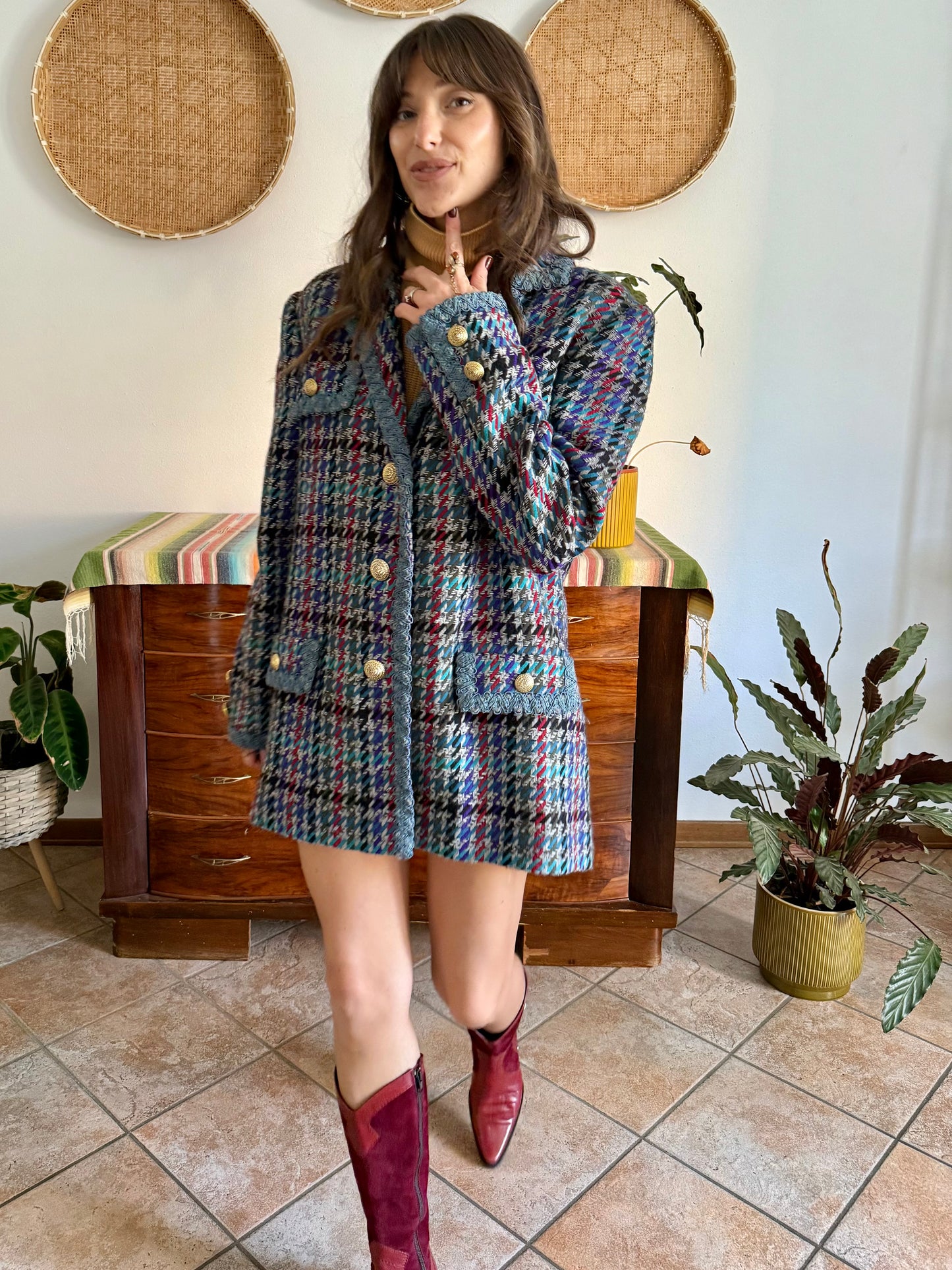 1970's vintage oversize wool blue, turquoise, and grey houndstooth plaid coat