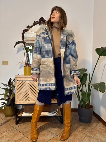 1990's vintage blue and tan Aztec pattern wool coat