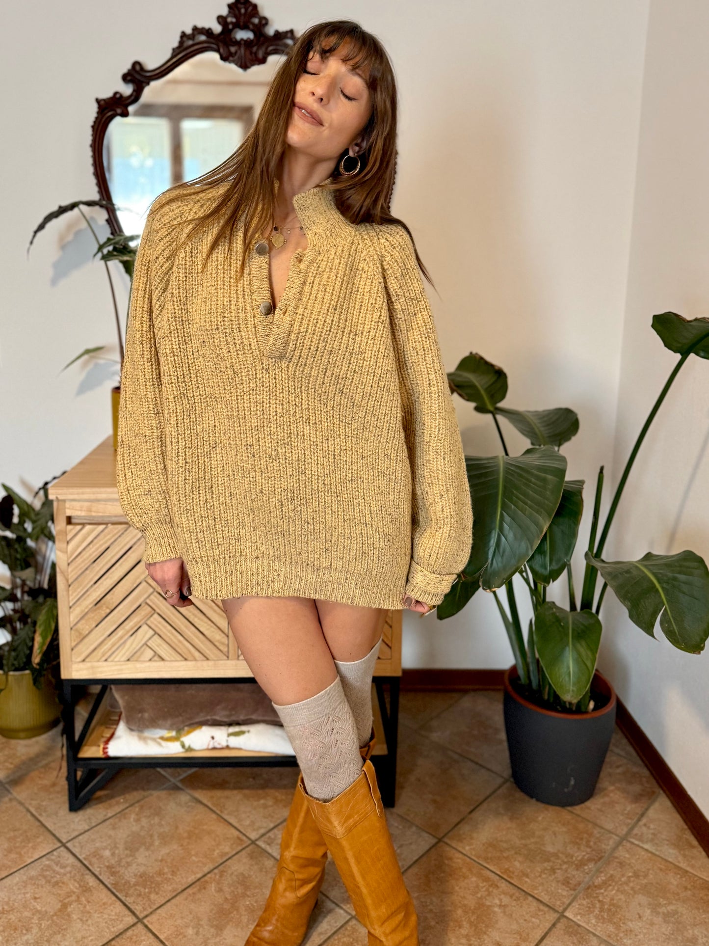 1970's vintage yellow thick knit wool pullover with grey flecks throughout
