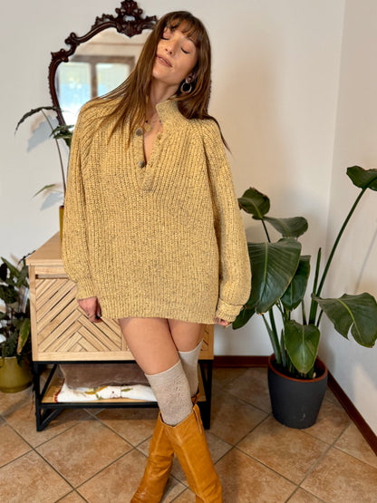 1970's vintage yellow thick knit wool pullover with grey flecks throughout