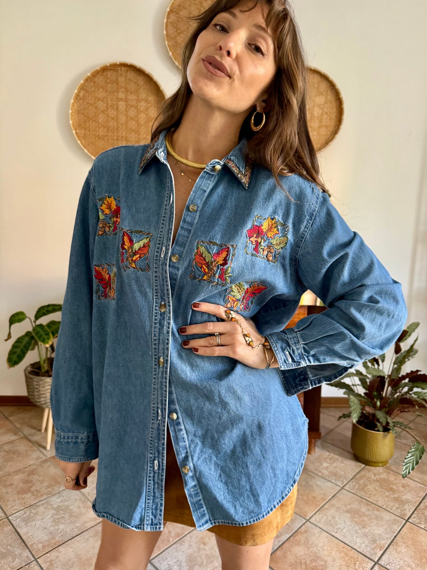 1990's vintage denim shirt with red, yellow and green embroidered autumn leaves