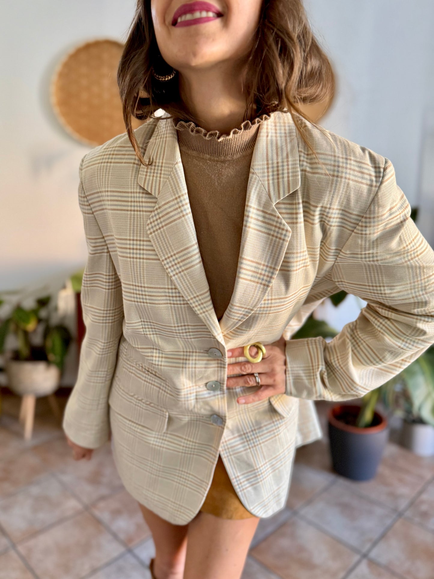 1970’s vintage wool cream, grey and tan plaid wool blazer with oversize mother of pearl buttons
