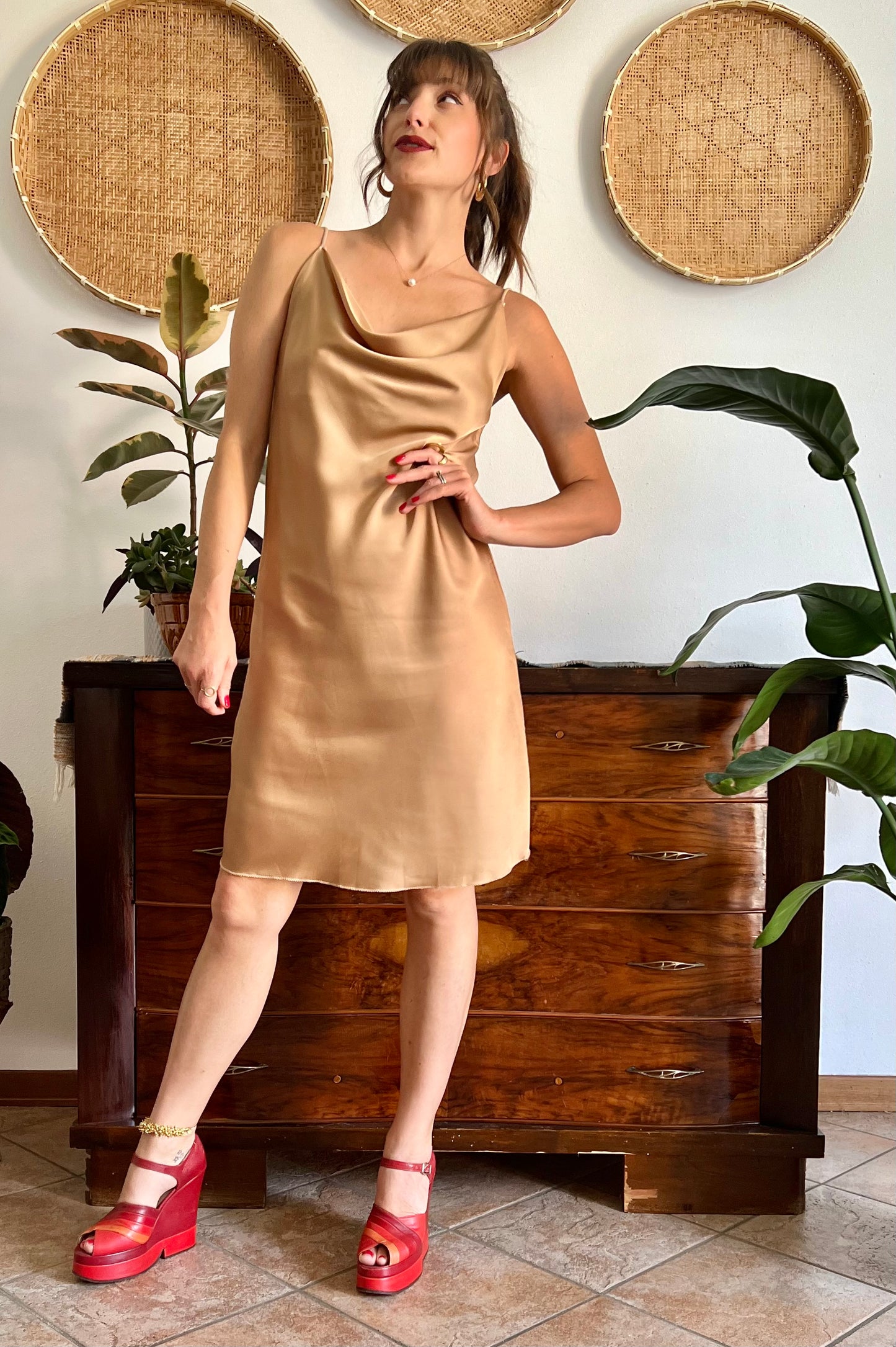 1990's vintage tan satin slip midi dress with cowl neck