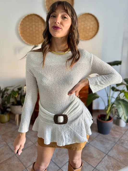 Y2K vintage asymmetrical cream mohair blend knit pullover with belt detail