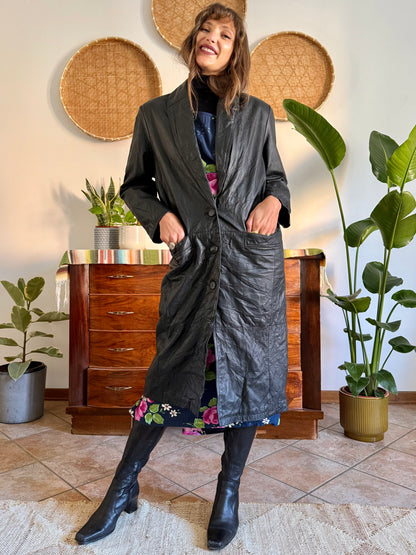 1990’s vintage butter soft black leather trench coat with lapel detail