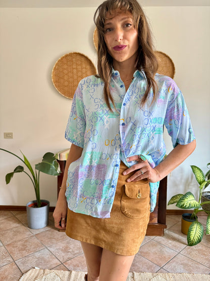 1990’s vintage lilac, turquoise and light blue geometric print blouse