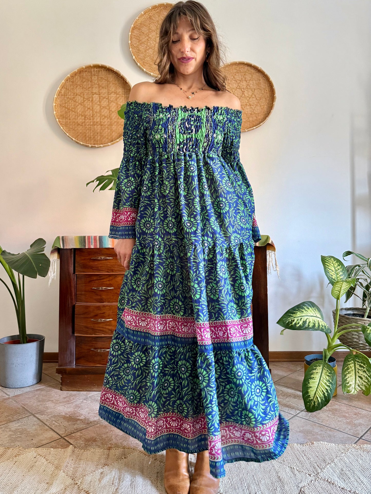 1970’s vintage green, blue and pink silk floral prairie maxi dress with bell sleeves