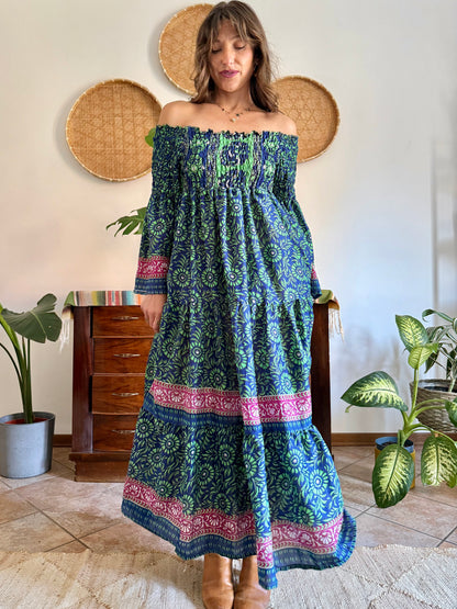 1970’s vintage green, blue and pink silk floral prairie maxi dress with bell sleeves