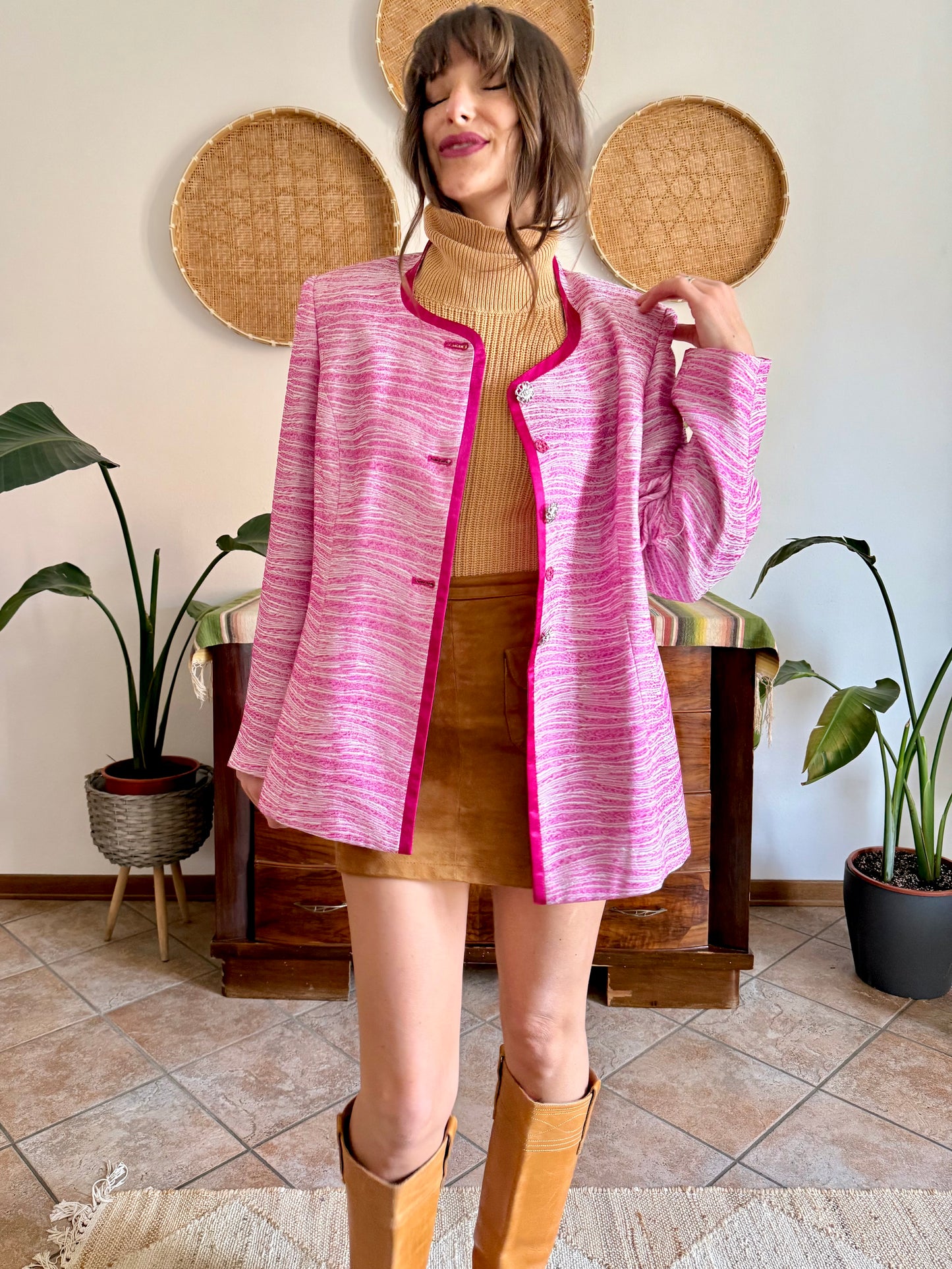 1980’s vintage fuchsia and cream textured woven jacket with rhinestones stone buttons