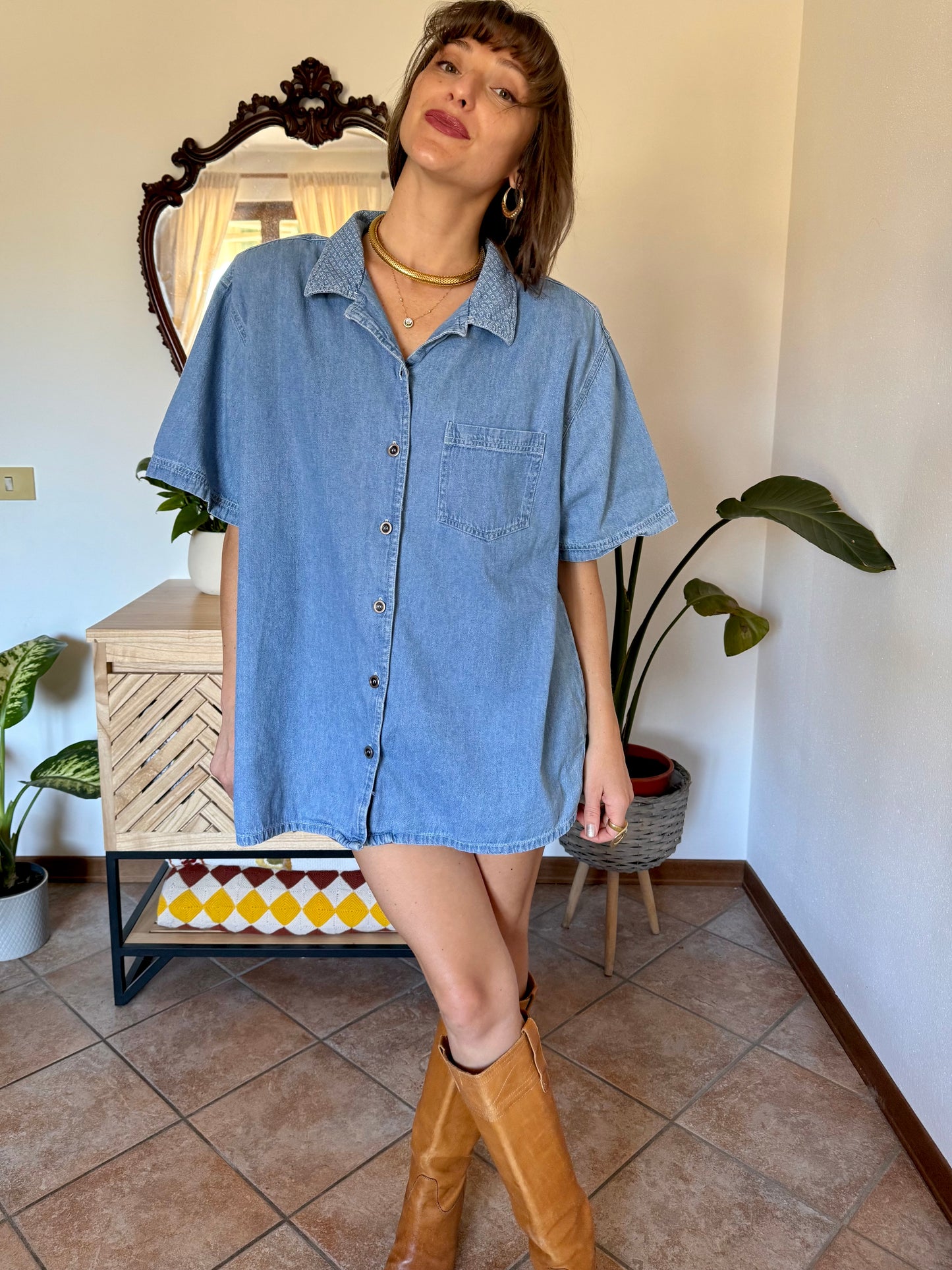 1990’s vintage light was denim shirt with geometric woven collar detailing