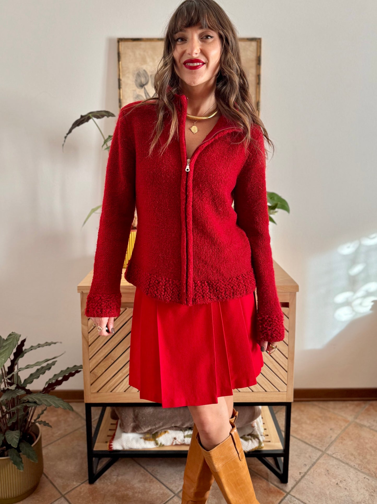 1990’s vintage textured cherry red knit zip up cardigan