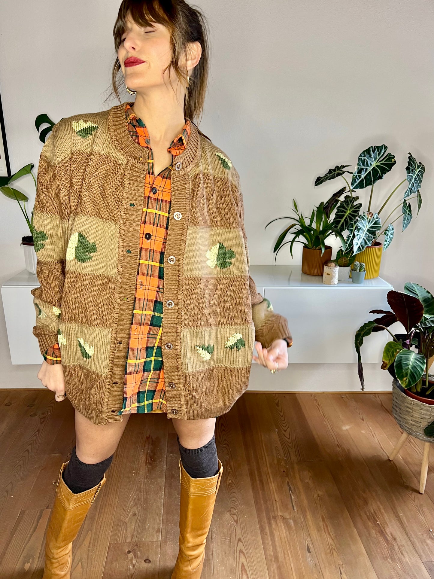 1970's vintage oversize tan trip knit cardigan with green leaf knit pattern