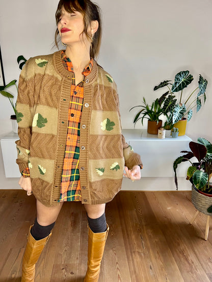 1970's vintage oversize tan trip knit cardigan with green leaf knit pattern