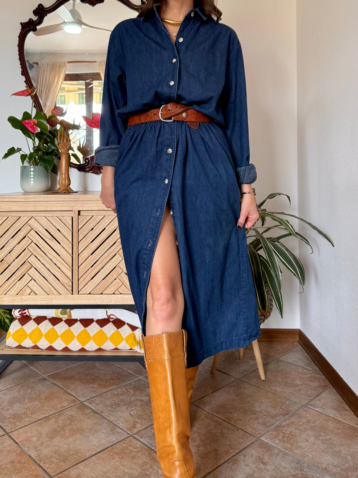 1970's vintage dark blue denim maxi dress