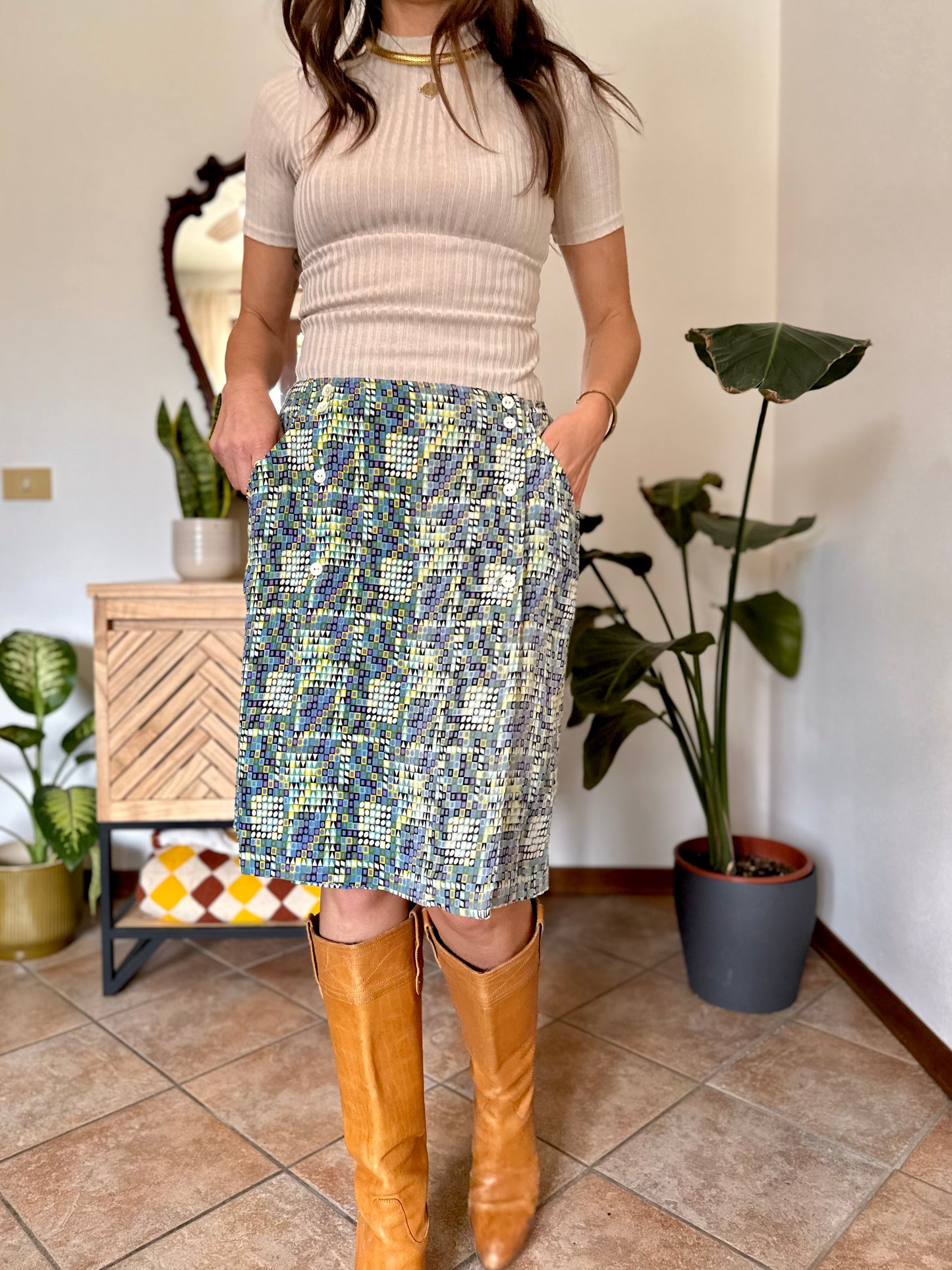 1970’s vintage turquoise, lilac and green geometric print silk midi skirt